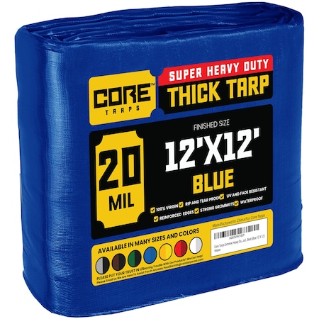 Core Tarps Heavy Duty Tarp, 12 ft L x 0.5 mm H x 12 ft W, 20 Mil, Blue, Polyethylene CT-705-12X12